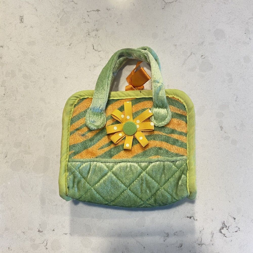 Aurora Plush Tiger‎ Print Purse Green Orange Pretend Bag flower Ribbon Bow